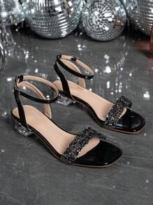 Women's Crystal Heel Glass Rhinestone Champagne Color Plus Size High Heel Sandals