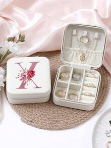 A-Z 粉色花卉字母图案旅行首饰盒，便携式拉链旅行首饰收纳盒，女士礼品盒，PU 皮革防水首饰盒，可收纳戒指、吊坠、耳环、项链等 - 适合女孩和女士的礼品盒，返校 - 白色 - 查看 13