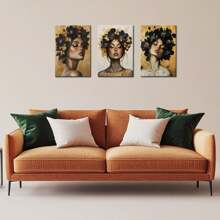 Set de 3 picturi pe pânză înrămate cu portrete de femei la modă, fete frumoase și flori blonde, postere abstracte, imprimate pentru living modern, dormitor, baie, hotel, pensiune, apartament, vilă, galerie, cameră de zi pentru femei, coridor, studio, sală de clasă, studiu, decorațiune pentru biroul de acasă, gata de agățat