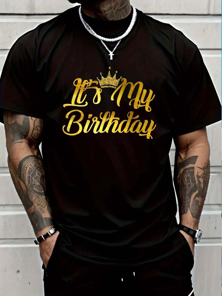 100% Cotton Casual Tshirt It's My Birthday Happy Birthday T-Shirt Women's Men Graphic Tee - 黑色 - 查看 1