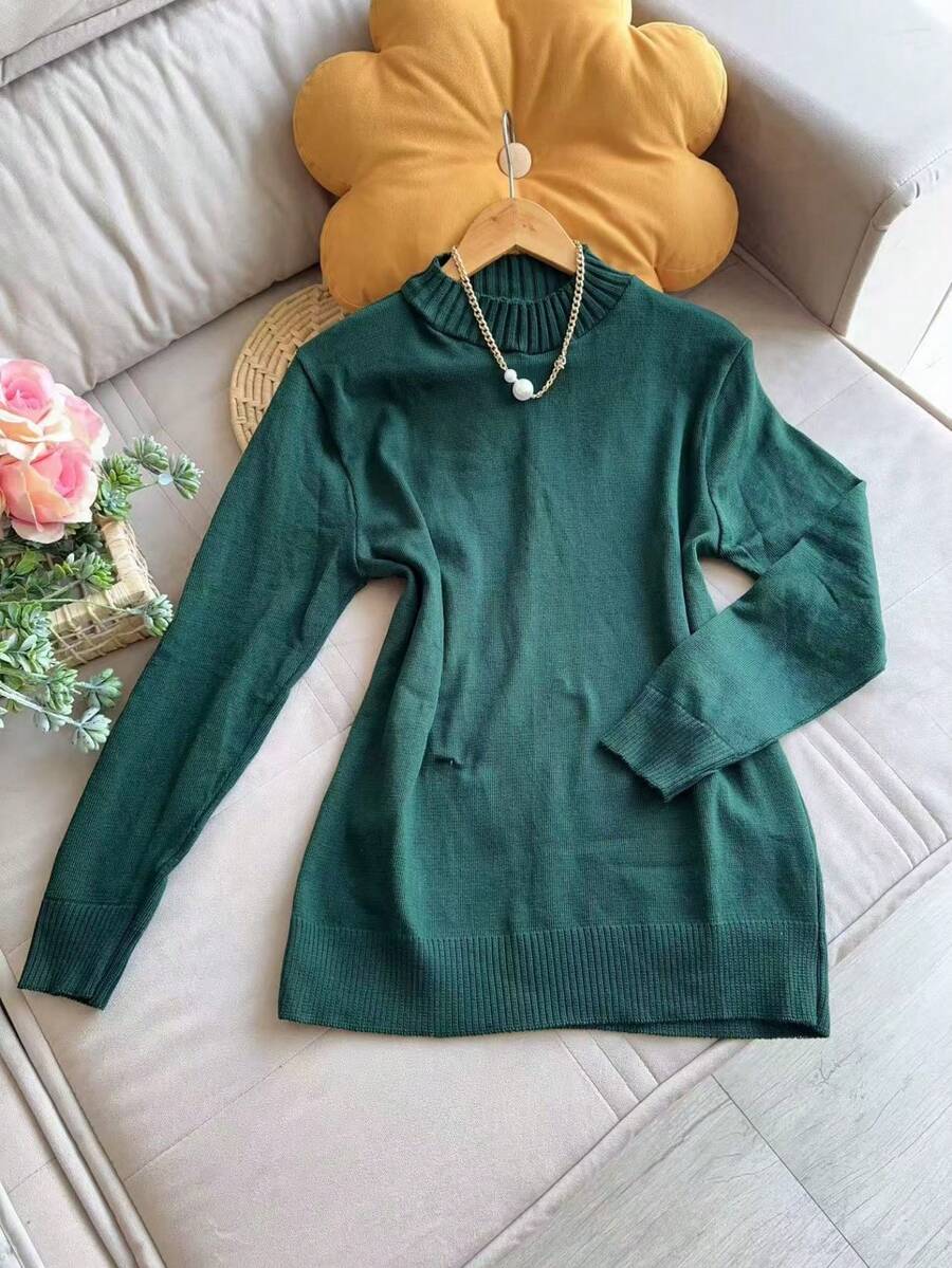 Sweater Blouse Round Neck Plus Size Basic Women Fashion - Green - View 1