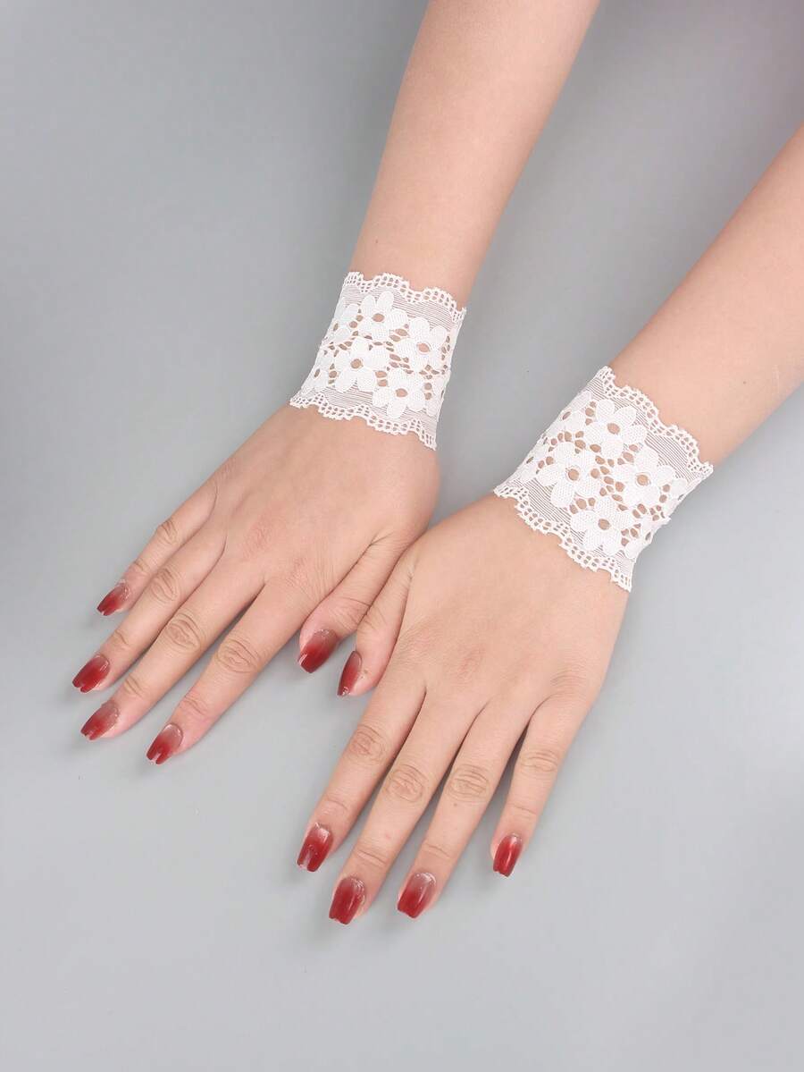 1 Pair Women Stretchy Lace Flower Design Wrist Sleeves, Sweet & Cute, Suitable For All Seasons, Sun Protection, Decorative For Weddings, Costume, Formal Occasions - Multicolor - View 1