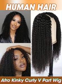 Peruca de cabelo humano afro crespo e cacheado com parte em V para mulheres, densidade 180%, feita à máquina, aparência natural, com parte em forma de V, design leve e respirável para todas as etnias, estilo versátil para o dia a dia e ocasiões especiais