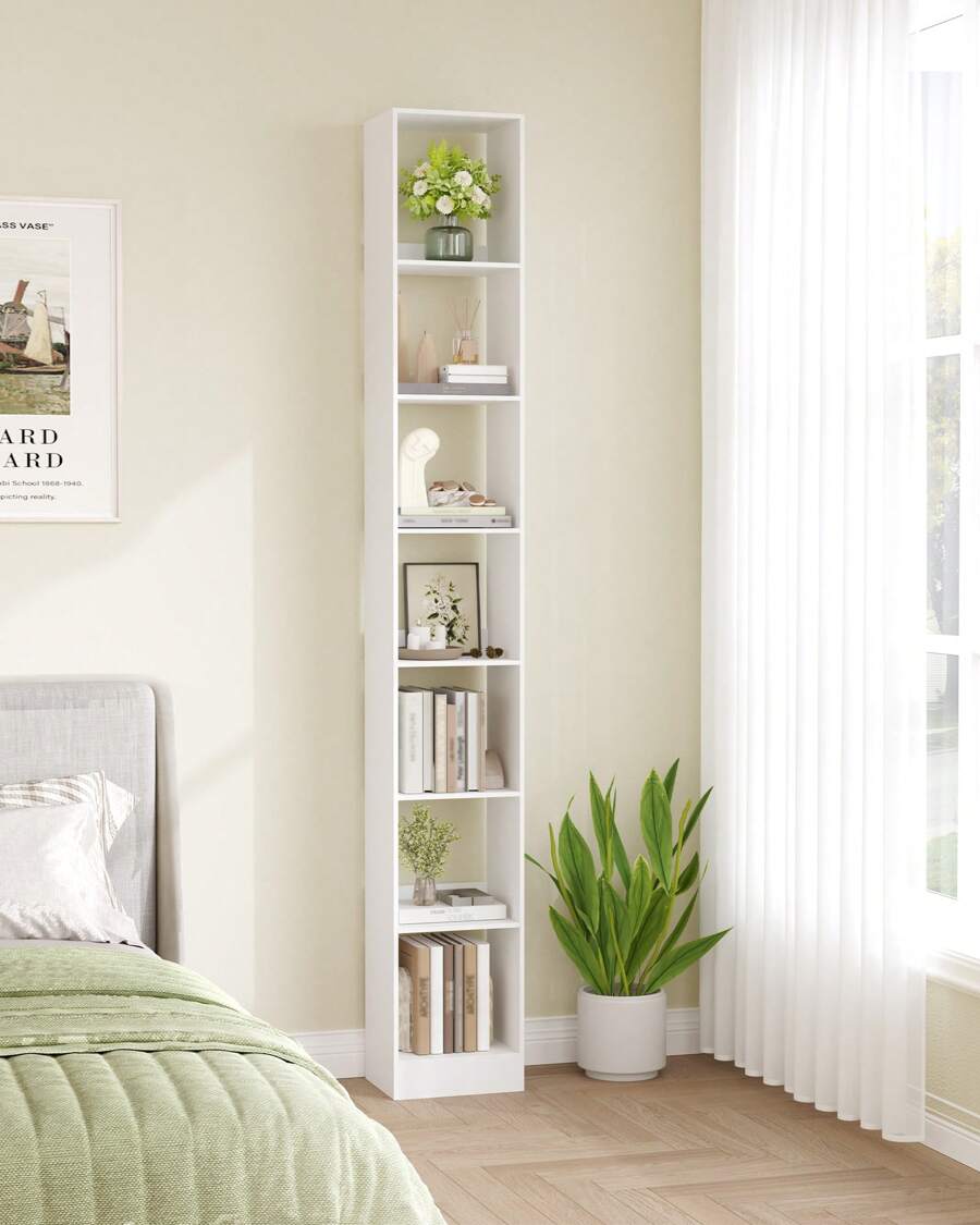 Hzuaneri Estantería de madera moderna, estantería de cubo, estantería abierta de madera, estanterías de almacenamiento y exhibición para sala de estar, oficina en casa, dormitorio, 7 niveles, color blanco