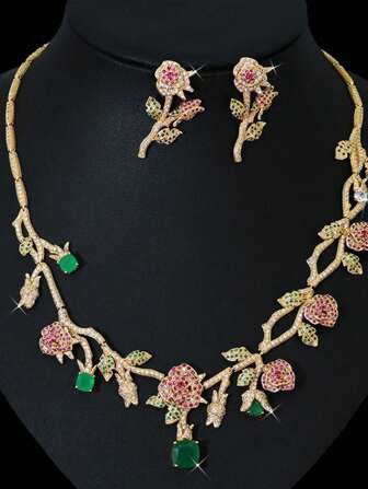 3 pièces Set de bijoux floraux élégants et luxueux, comprenant des boucles d'oreilles entièrement ornées de zirconium. Le cadeau parfait pour mère, épouse, amoureuse
