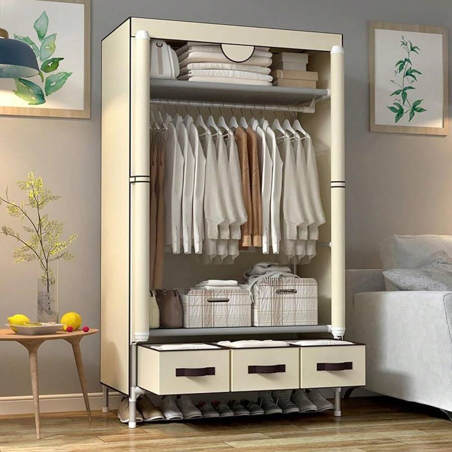 Portable Canvas Wardrobe, With 3 Drawers, Portable Wardrobe, Grey - Beige - View 1
