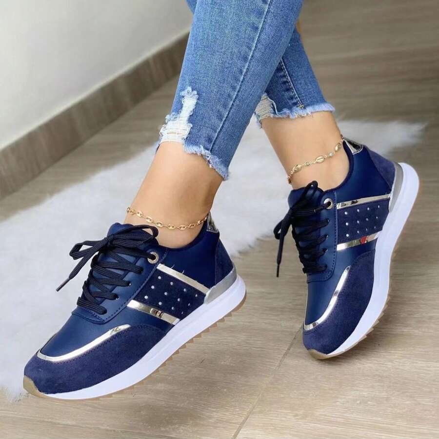 Tenis para mujer, diseño de color block ligero, punta redonda, suela antideslizante para uso diario