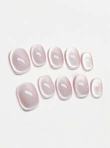 10pcs Handmade Transparent Powder Cat Eye Shape Short Nail Tips, Cool & Gentle Aesthetic, Suitable For Spring/Summer