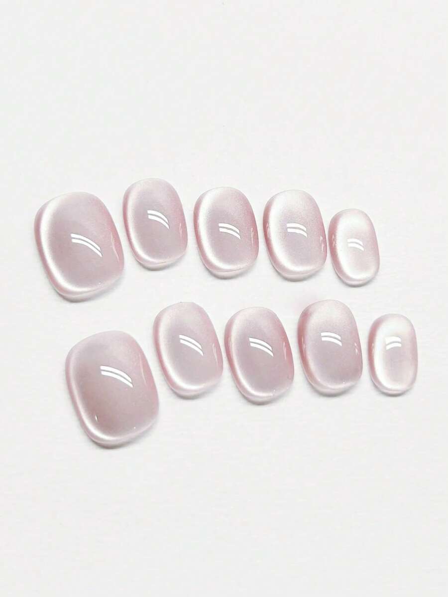 10pcs Handmade Transparent Powder Cat Eye Shape Short Nail Tips, Cool & Gentle Aesthetic, Suitable For Spring/Summer