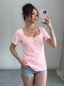 Blusa playera dama mujer manga corta aglobada escote cuadrado botones decorativos rib acanalado - Rosa - Ver 5