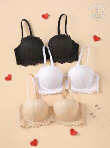 3 paquetes de ropa interior sexy de encaje de media copa para mujer, sujetador con aros de apoyo cómodo que levanta el busto