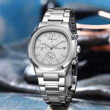 CRRJU 男士腕表，奢华商务防水夜光日期显示不锈钢方形石英表