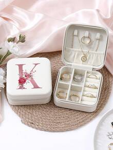 A-Z 粉色花卉字母图案旅行首饰盒，便携式拉链旅行首饰收纳盒，女士礼品盒，PU 皮革防水首饰盒，可收纳戒指、吊坠、耳环、项链等 - 适合女孩和女士的礼品盒，返校 - 白色 - 查看 10