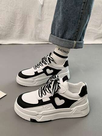 Women's Fashion Versatile Breathable Comfortable Non-Slip Casual Sport Shoes, Black & White Mixed Color Round Toe Platform Sneakers