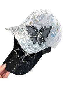1pc Fashionable Rhinestone Butterfly Embellished Breathable Mesh Casual Baseball Cap For Women, Sparkling Summer Sun Protection Hat - Multicolor - View 7