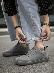 Men's Classic Versatile Solid Color Leather Panel Comfortable Lace-Up Flat Sneakers, Niche Fashion Outdoor Casual Commuting Walking Sports Shoes - Grey - View 10
