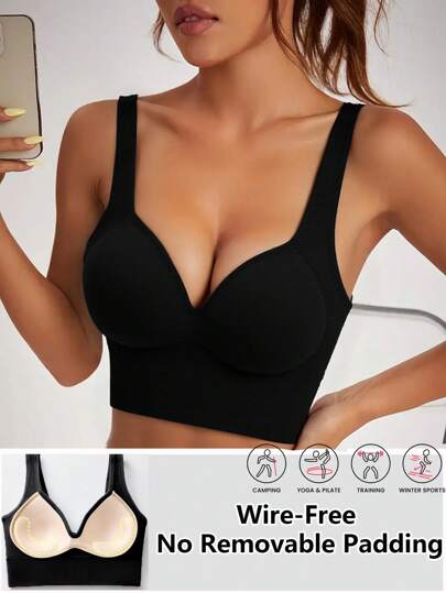 Sujetador deportivo top tipo tanque de color sólido, sin aros, sin relleno desmontable, de alta elasticidad, ropa de gimnasio para mujer adecuada para yoga y correr