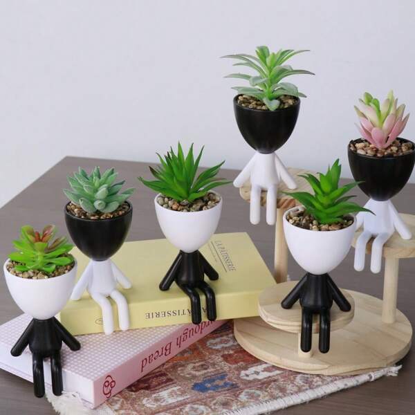 3/6 piezas Mini plantas suculentas artificiales en macetas de cerámica con forma humana, plantas suculentas falsas pequeñas para decoración, plantas suculentas de maceta falsas para decoración de interiores en el hogar, oficina, cocina, baño