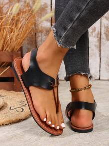 Sandalias planas para mujer, estilo casual europeo y americano con punta redonda y tira en forma de chancla para uso en exteriores