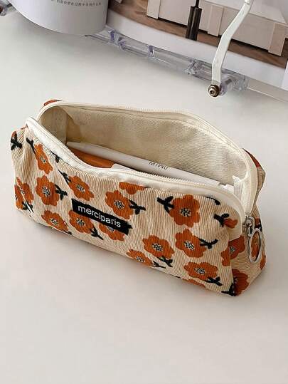 1pc Corduroy Pencil Bag, Vintage Flower Artistic Style Soft Touch Pen Case Student Bag Stationery Storage Pouch Back To School