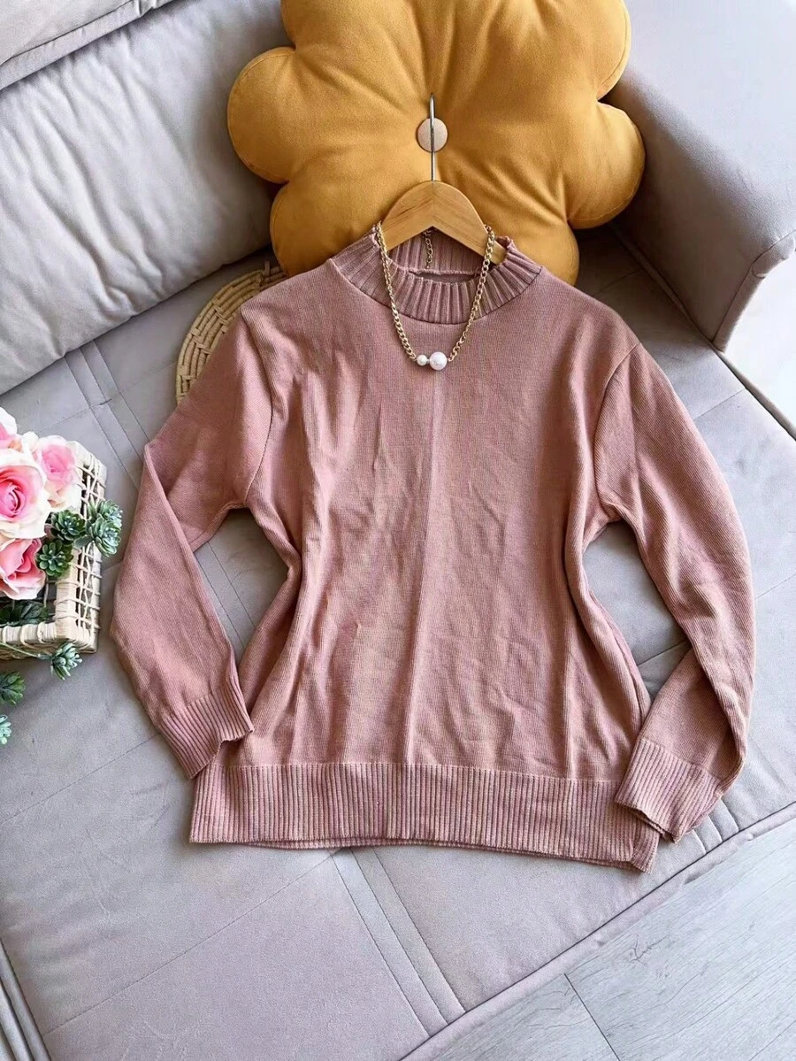 Sweater Blouse Round Neck Plus Size Basic Women Fashion - Khaki - View 1