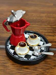 1pc/5pcs/6pcs 1:12 Scale Dollhouse Mini Coffee Maker Set, Realistic Metal-Tone Coffee Pot Model With Resin Coffee Cup/Saucer, Metal Spoon, Kitchen Accessories For Toy House, Party Decor, Interesting Lifelike Playset!