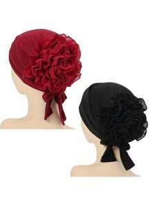 2 piezas Sombreros de turbante de poliéster de moda para mujer, gorros con pañuelo floral elástico y diseño de flor grande, cofia hijab de punto transpirable para ocasiones festivas