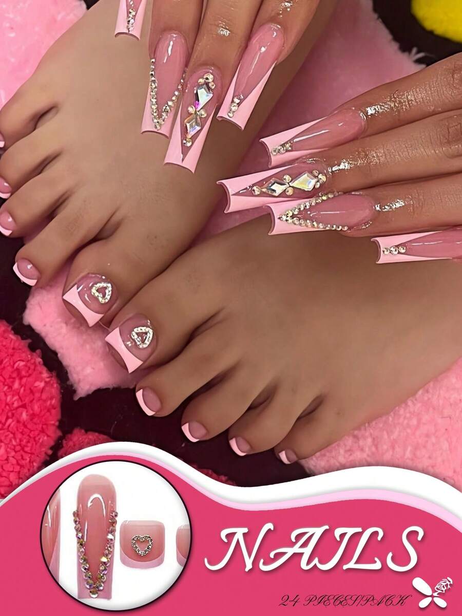48 piezas/set de uñas postizas rectangulares, diseño de manicura francesa con cristales de strass y formas de corazón, incluye gel de gelatina y lima de uñas, adecuado para todas las mujeres, haga que sus puntas de los dedos sean talla grande atractivas - Rosa vieja - Ver 1