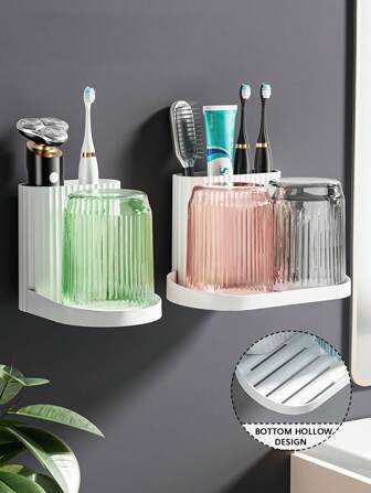 1 pieza Estante de pared para almacenar cepillo de dientes, pasta de dientes, peine, maquinilla de afeitar y vaso, de un vaso o dos vasos