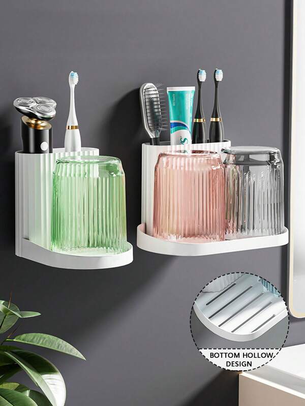 1pc Wall Mounted Toothbrush Holder, Toothbrush, Toothpaste, Comb, Razor, Cup Storage Rack, Single Cup, Double Cups