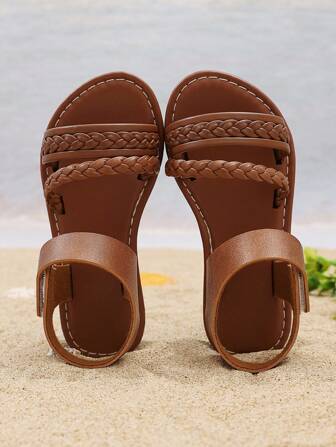 1 双婴幼儿女童编织罗马凉鞋，圆头，加厚松紧带设计，平底舒适，适合 3-12 岁儿童，夏季休闲沙滩/度假/户外穿着