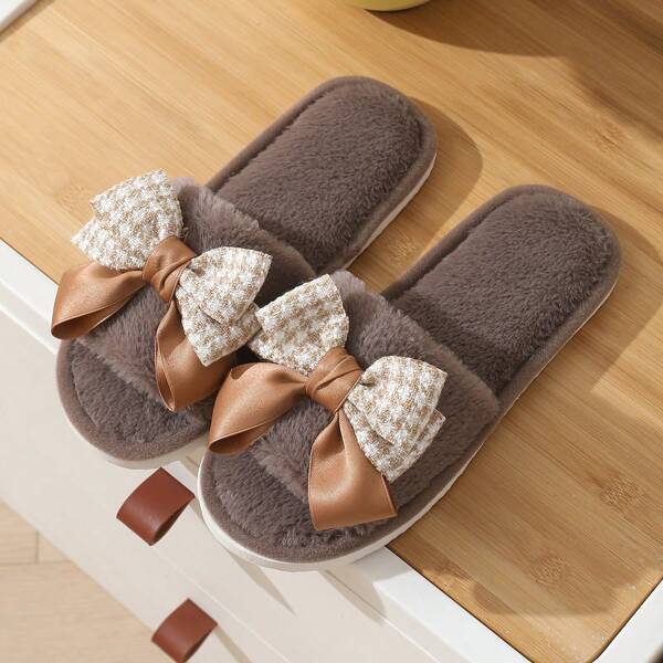 Open Toe Fluffy Slippers With Cute Bowknot, Cozy, Non-Slip, Can Be Worn Outdoors In Autumn/Winter, Preppy Style
