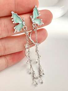 1 par de elegantes y sofisticados aretes de borlas con diseño de mariposa y gota de agua en azul con diamantes de imitación, estilo versátil y exclusivo INS para el uso diario de mujeres, actividades al aire libre, sesiones fotográficas o como regalo para el cumpleaños de la novia o de las mejores amigas
