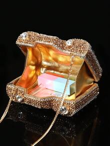 1pc Luxury Humorous Crystal Camera Shaped Evening Handbag, Elegant Glamorous Women Crystal Clutch Bag, Fashionable Lipstick & Perfume Clutch Bag, Luxury Sparkling Crystal Inlaid Women Wallet, All Handmade Metal Diamond Handbag, Suitable For Noble Ladies To Attend Parties, Weddings, Bridal Showers, Banquets, Gatherings (Unsuitable For Placing Mobile Phones) - Gold - View 7