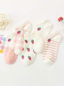 5 Pairs Pack: Ladies' Pink-Themed Fruit & Strawberry Striped Checkered Cute Japanese-Korean Style Student-Inspired Low-Cut Boat Socks, No Show Socks, Suitable For All Seasons. - Multicolor - View 7