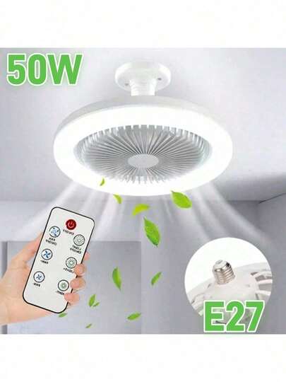 50W Ventilador de techo con luz LED giratoria para el hogar, boca de rosca E27, luz de ventilador de techo de tres colores para sala de estar, control remoto,Ventilador de techo luz ventilador, universal e27 portalámparas con mando a distancia, 3 velocidades viento gradual luz silenciosa para sala de estar.