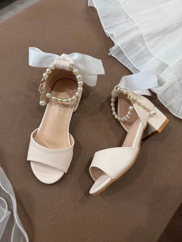 Mädchen High Heel Sandalen mit Perlenkette, Schleife & Schleifen Deko, Basic Sommermode für elegante kleine Mädchen