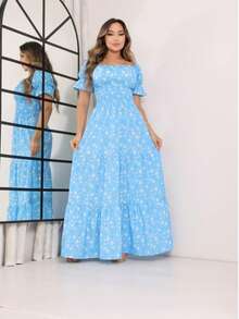 Women's Dress All-Over Print Leaf Boho Fabric Ruffle Hem Ruffled Ruched Long Beach Evening Birthday Party Baby Shower Garden Photoshoot - Blue and White - View 2