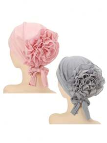 2 piezas Sombreros de turbante de poliéster de moda para mujer, gorros con pañuelo floral elástico y diseño de flor grande, cofia hijab de punto transpirable para ocasiones festivas