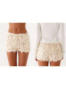 Women Shorts, Low Waist Furry Sequined Slim Fit Summer Shorts Streetwear For Club Party - 杏色 - 查看 7