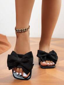 女士新款时尚平底凉鞋，方头蝴蝶结设计，纯色优雅淑女休闲风格，法式浪漫高端设计，适合派对、海滩、约会、宴会、日常休闲穿着，露趾、防滑、轻便、多功能室内外拖鞋 - 黑色 - 查看 3
