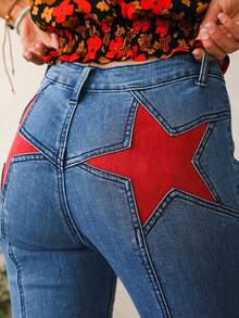 Star Patchwork Bell Bottom Jeans For Women Mid Waist Bootcut Flare Jeans Stretch Straight Leg Skinny Denim Pants - 淺藍色 - 查看 7