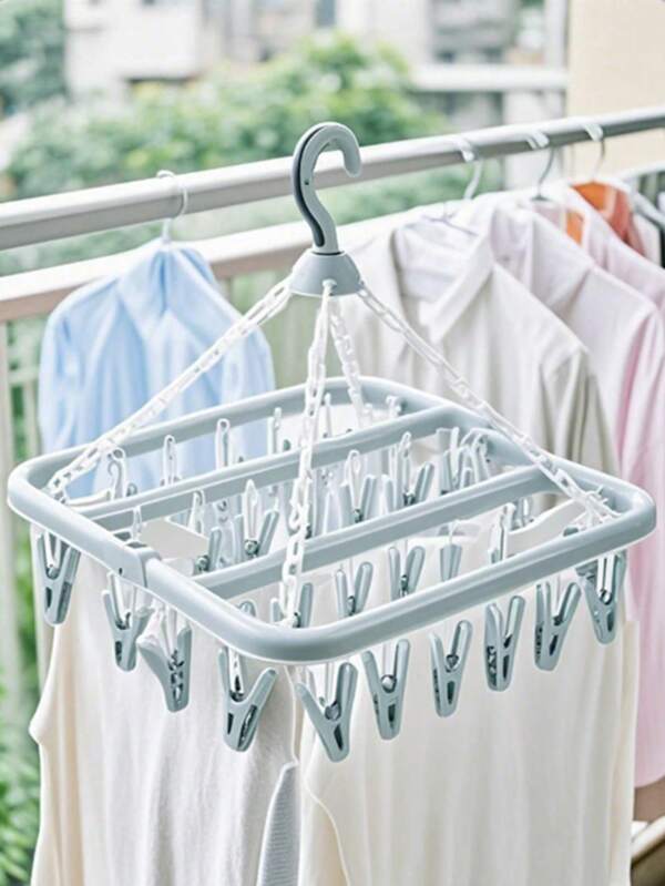 32-Clip Folding Clothes Drying Rack, Clothes Drying Rack Folding Sock Rack, Hanging Clothes Drying Rack, Foldable Clip And Drip Clothes Rack, With 32 Pin Clips, Suitable For Clothes, Underwear, Socks, Etc. Windproof Clothes Drying Rack, Windproof Clothes Drying Rack Pants, Shoes, Jeans, Boots, Skirts, Spring, Minimalist Style, Summer Top, Random Color