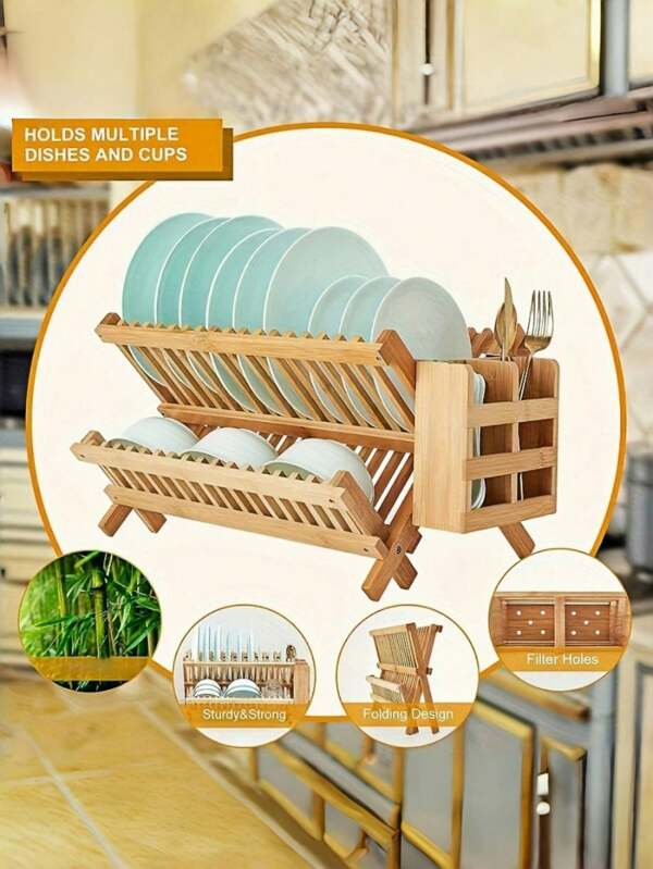 2-Tier Folding Cutlery Rack, Cutlery Drainer, Bamboo Cutlery Drying Rack, Dish Draining Rack, Cutlery Organizer, Large Folding Kitchen Appliance Rack, Kitchen Accessory, Kitchen Organization And Storage