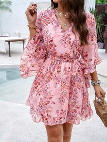 Vestido de verano casual de mujer, vestido mini de línea A con volantes para la playa - Rosa - Ver 3