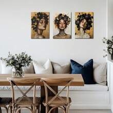 Set de 3 picturi pe pânză înrămate cu portrete de femei la modă, fete frumoase și flori blonde, postere abstracte, imprimate pentru living modern, dormitor, baie, hotel, pensiune, apartament, vilă, galerie, cameră de zi pentru femei, coridor, studio, sală de clasă, studiu, decorațiune pentru biroul de acasă, gata de agățat