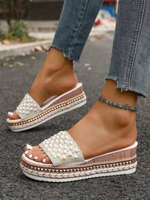 Summer Dressy Platform Sandals, Woven Straps Beach Wedge Thick Sole Roman Sandals With Rivet Decor, Boho Open Toe Ankle Strap Breathable Casual Elegant Flat Sandals,Travel Essential - White - View 4
