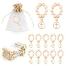 Baptism Mini Wooden Rosary Favors For Guest, First Communion Favors, Christening Guest Keepsake, Cross Charm Favors, Catholic Favors With Organza Bags