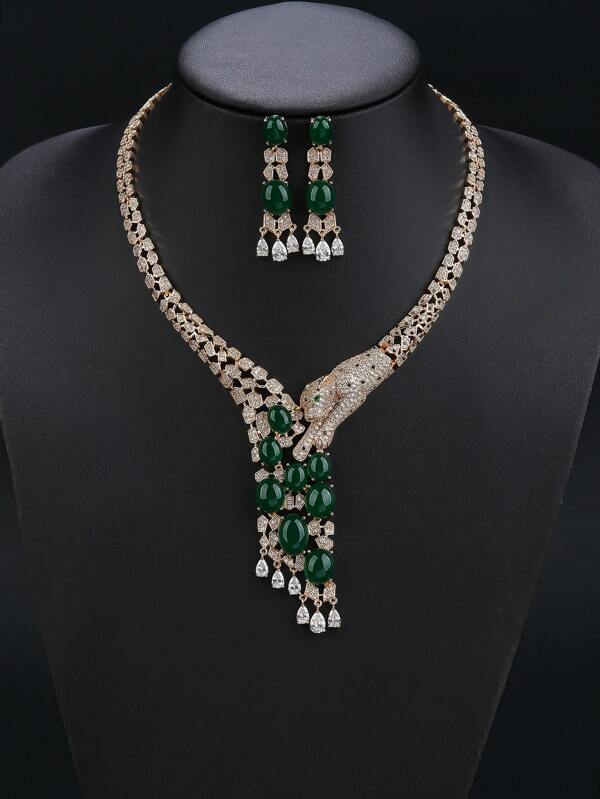 طقم مجوهرات فاخر من 3 قطع من قلادة وأقراط بتصميم نمر ، مناسب للنساء لارتدائه مع الفساتين والملابس الرسمية والأعراس والحفلات والمناسبات والأعياد