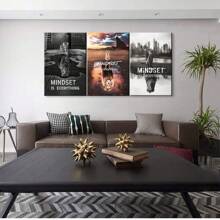Set de 3 înrămate Mindset Is Everything Citate inspirate Pânză Artă Pictură Postere imprimate pentru living modern, baie, dormitor, hotel, apartament, vilă, galerie, cameră pentru copii, creșă, grădiniță, sală de clasă, studiu, coridor, studio, home office Decor gata de agățat